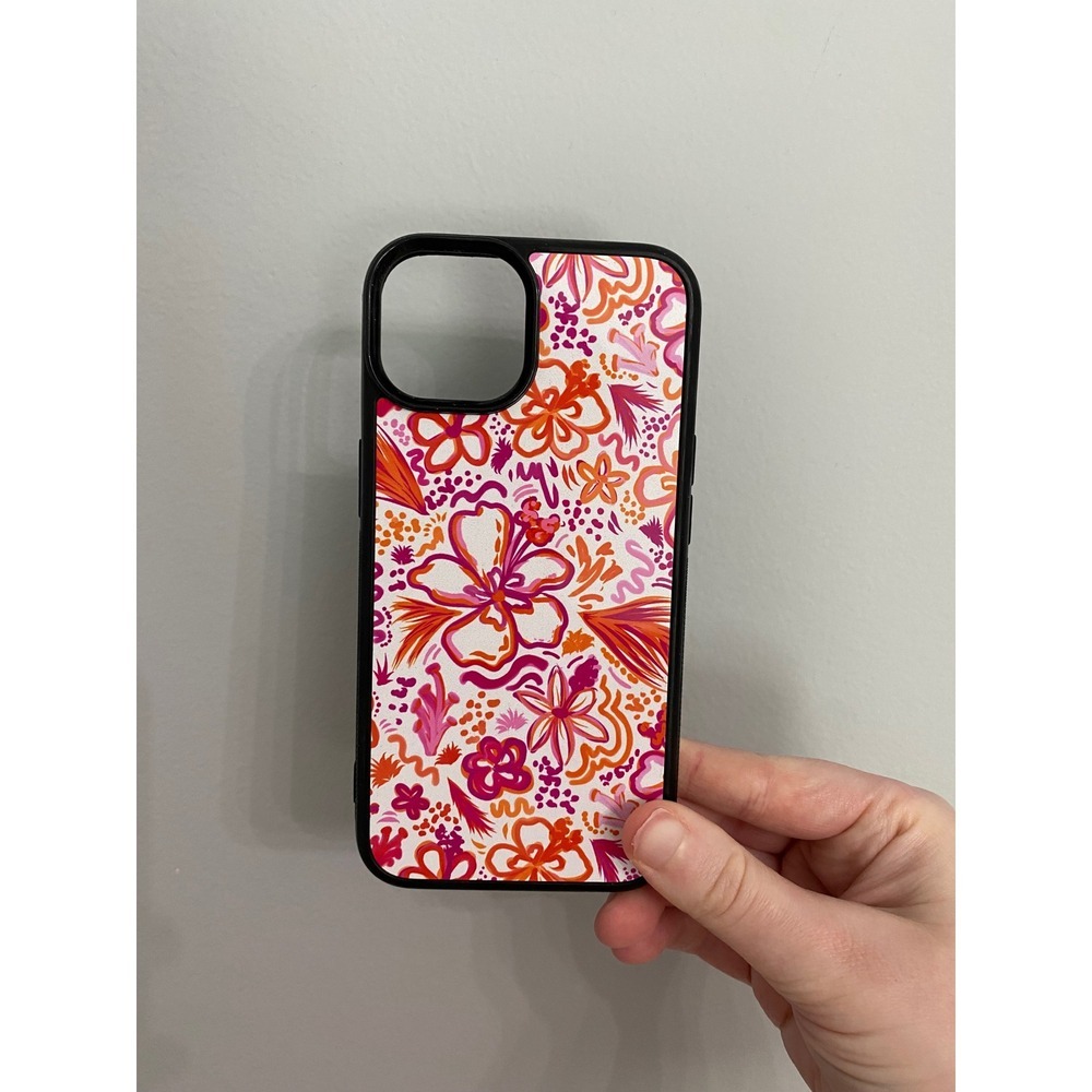 Floral Phone Case iPhone 14 Multicolor Hibiscus Tropical Print Black Bumper